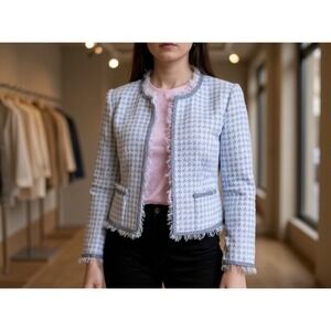 Viev Chevron Tweed Fringe Beaded Collarless Jacket Womens Size‎ 12 Workwear